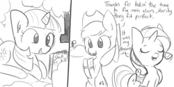 Size: 1280x640 | Tagged: safe, artist:tjpones, derpibooru import, applejack, rarity, twilight sparkle, pony, clothes, gloves, grayscale, monochrome, periscope, shipper on deck, twilight the shipper