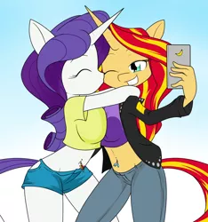 Size: 1032x1104 | Tagged: suggestive, artist:sandwich-anomaly, derpibooru import, rarity, sunset shimmer, anthro, unicorn, belly button, bellyring, breasts, busty rarity, busty sunset shimmer, clothes, commission, duo, female, jacket, kissing, leather jacket, lesbian, midriff, piercing, selfie, shipping, sunsarity