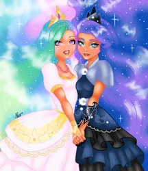 Size: 538x624 | Tagged: artist:nevera573, clothes, derpibooru import, dress, human, humanized, princess celestia, princess luna, royal sisters, safe