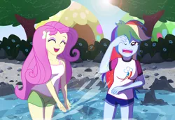 Size: 2435x1663 | Tagged: safe, artist:sumin6301, derpibooru import, fluttershy, rainbow dash, equestria girls, clothes, cute, eyes closed, lake, one eye closed, open mouth, playing, shorts, shyabetes, splashing, tree, water