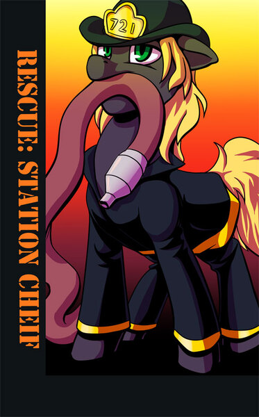 Size: 488x786 | Tagged: safe, artist:princrim, derpibooru import, oc, oc:rescue sunstreak, unofficial characters only, earth pony, pony, badge, clothes, con badge, firefighter, firefighter helmet, helmet, male, stallion