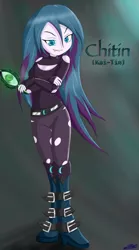 Size: 1670x2999 | Tagged: safe, artist:jabbie64, derpibooru import, oc, oc:chitin, unofficial characters only, changeling, equestria girls, boots, equestria girls-ified, fangs, holey clothes, lip bite, nail polish, not chrysalis, solo