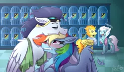 Size: 2400x1400 | Tagged: safe, artist:kikirdcz, derpibooru import, fleetfoot, rainbow dash, soarin', spitfire, pegasus, pony, annoyed, blushing, feather, female, goggles, laughing, locker room, male, mare, shipping, sleeping, soarindash, stallion, straight, towel, zzz