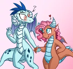 Size: 2153x2040 | Tagged: artist:bronyxxi, artist:chiptunebrony, artist:flutterthrash, blushing, colored, confused, crack shipping, derpibooru import, dragon, dragoness, edit, embina, female, heart, holding hands, lesbian, mina, pink background, princess ember, question mark, safe, sfw edit, shipping, simple background, wingdings