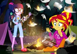 Size: 1100x780 | Tagged: safe, artist:pixelkitties, derpibooru import, owlowiscious, sci-twi, sugar belle, sunset shimmer, twilight sparkle, equestria girls, alternate hairstyle, book, campfire, camping, clothes, fire, ghostbusters, glasses, gritted teeth, pajamas, ponytail, proton pack, scary stories to tell in the dark, slippers, tent, voice actor joke, wide eyes