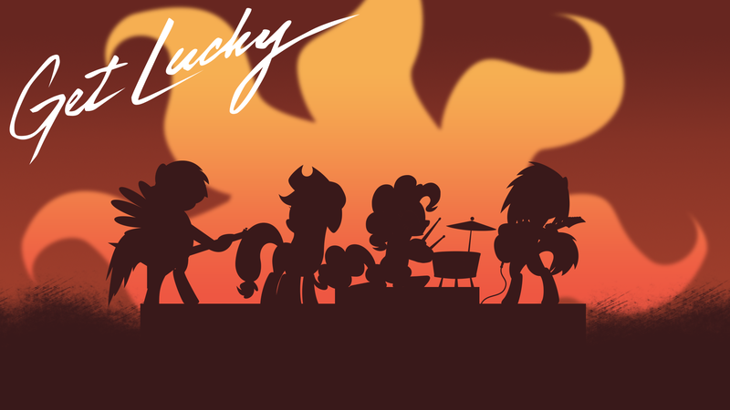 Size: 1920x1080 | Tagged: safe, artist:rdbrony16, derpibooru import, applejack, pinkie pie, rainbow dash, vinyl scratch, ponified, earth pony, pegasus, pony, unicorn, background pony, bass guitar, daft punk, drums, female, get lucky, guitar, mare, musical instrument, nile rodgers, parody, pharrell williams, ponified single cover, single cover, wallpaper