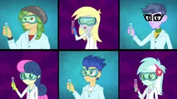 Size: 1280x720 | Tagged: safe, artist:sondowverdarkrose, derpibooru import, screencap, bon bon, derpy hooves, flash sentry, lyra heartstrings, microchips, sandalwood, sweetie drops, equestria girls, background human, clothes, lab coat, safety goggles, test tube