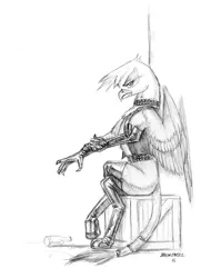Size: 1100x1380 | Tagged: suggestive, artist:baron engel, derpibooru import, gilda, gryphon, belt, boots, bottle, clothes, collar, crate, female, getting dressed, gloves, image, jpeg, leather, monochrome, paws, pencil drawing, sitting, tail wrap, traditional art, vest