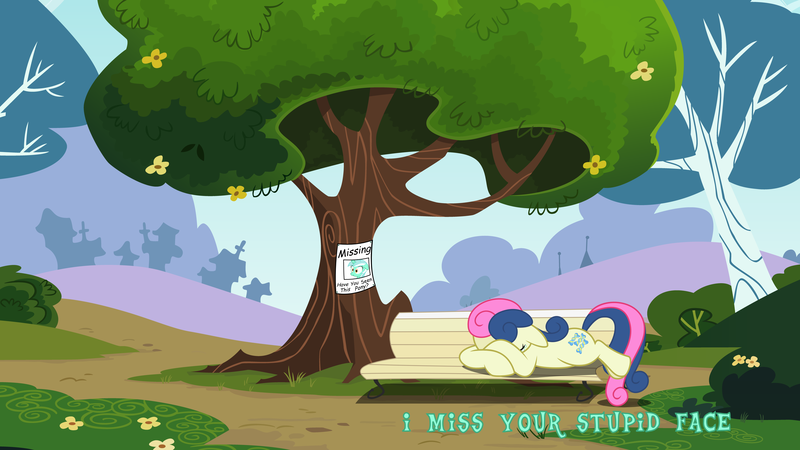 Size: 5333x3000 | Tagged: safe, artist:baka-neku, artist:cloudshadezer0, artist:pallefj, derpibooru import, bon bon, lyra heartstrings, sweetie drops, earth pony, pony, absurd resolution, bench, crying, depressed, missing, missing pony, prone, sad, solo, tree, vector, wanted poster