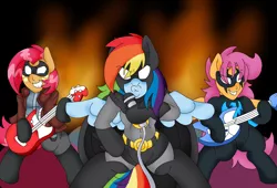 Size: 3000x2036 | Tagged: safe, artist:blackbewhite2k7, derpibooru import, babs seed, rainbow dash, scootaloo, pony, band, batman, batmare, batmetal, bipedal, crossover, duckface, fire, guitar, image, microphone, older, parody, png, red hood