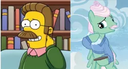 Size: 918x496 | Tagged: cloud, comparison, derpibooru import, flutter brutter, gentle breeze, ned flanders, safe, screencap, separated at birth, solo, the simpsons