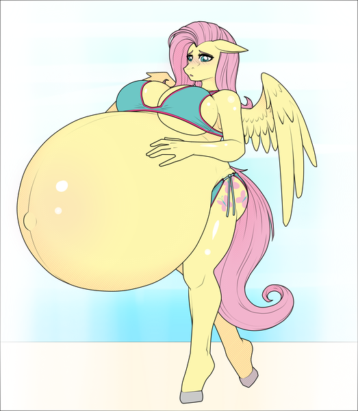 Size: 2203x2527 | Tagged: anthro, artist:idlehq, belly, belly button, big belly, big breasts, bikini, breasts, busty fluttershy, clothes, derpibooru import, female, fluttershy, high res, hyper, hyper pregnancy, impossibly large belly, outie belly button, preggoshy, pregnant, questionable, solo, solo female, swimsuit, unguligrade anthro