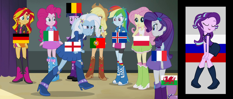 Size: 1678x714 | Tagged: safe, artist:anonymous, artist:ironm17, derpibooru import, applejack, fluttershy, pinkie pie, rainbow dash, rarity, spike, starlight glimmer, sunset shimmer, trixie, twilight sparkle, twilight sparkle (alicorn), dog, equestria girls, rainbow rocks, belgium, dancing, england, equestria girls-ified, euro 2016, football, france, germany, humane nine, humane six, iceland, italy, mane nine, mane six, meme, metaphor, poland, portugal, russia, spike the dog, wales