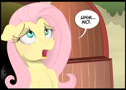 Size: 978x701 | Tagged: artist:coltsteelstallion, blushing, cropped, derpibooru import, dialogue, floppy ears, fluttershy, frown, lidded eyes, no, open mouth, reaction image, safe, solo, wide eyes