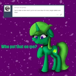 Size: 2000x2000 | Tagged: safe, artist:limedreaming, derpibooru import, oc, oc:lime dream, unofficial characters only, pony, unicorn, collar, farmunicorn, floppy ears, fluffy, freckles, pet tag, raised leg, solo, tumblr, worried