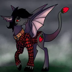 Size: 1730x1730 | Tagged: safe, artist:brainiac, derpibooru import, oc, unofficial characters only, bat pony, fruit bat, pony, vampire, vampire fruit bat, food, fullbody, solo, strawberry, unshorn fetlocks