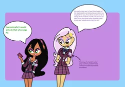 Size: 1052x728 | Tagged: safe, artist:obeliskgirljohanny, derpibooru import, fleur-de-lis, oc, oc:scarla, equestria girls, friendship games, clothes, crystal prep academy uniform, hair accessory, humanized, looking away, mobile phone, phone, sarcasm, school uniform