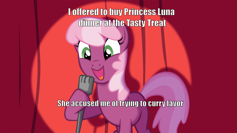 Size: 2400x1350 | Tagged: cheerilee, cheerilee pun, derpibooru import, editor:scrounge, exploitable meme, happy, hoof hold, implied princess luna, meme, microphone, pun, safe, shading, smiling, the tasty treat