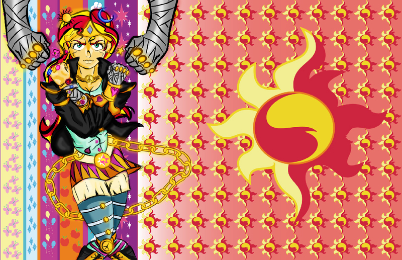 Size: 1225x792 | Tagged: safe, artist:brother-lionheart, derpibooru import, edit, sunset shimmer, oc, oc:twisted sister, equestria girls, crazy diamond, diamond is unbreakable, jojo pose, jojo's bizarre adventure, josuke higashikata, stand, twisted sister