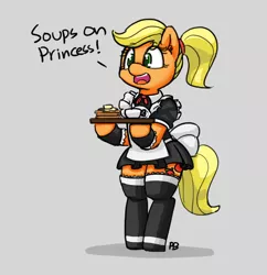 Size: 1280x1322 | Tagged: safe, artist:pabbley, derpibooru import, applejack, pony, 30 minute art challenge, bipedal, clothes, dialogue, maid, maidjack, open mouth, simple background, socks, solo, thigh highs