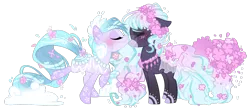 Size: 1600x697 | Tagged: safe, artist:jojuki-chan, derpibooru import, oc, oc:aura cascade, oc:dazzling mist, unofficial characters only, original species, pond pony, pony, blushing, clothes, dress, eyes closed, female, floral head wreath, flower, kissing, mare, simple background, transparent background, watermark