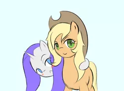 Size: 1024x755 | Tagged: safe, artist:yuwentaiji, derpibooru import, applejack, rarity, alternate hairstyle, bad mane day, blushing, offscreen rarijack, rarijack, shipping, unhappy