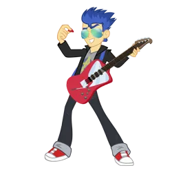 Size: 3000x3000 | Tagged: safe, artist:darthlena, derpibooru import, flash sentry, equestria girls, clothes, electric guitar, guitar, guitar pick, pants, shoes, simple background, solo, sunglasses, transparent background
