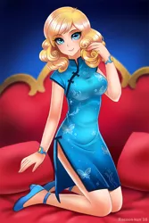 Size: 700x1048 | Tagged: artist:racoonsan, blonde, cheongsam, clothes, derpibooru import, female, human, humanized, humanized oc, kneeling, oc, oc:chidey, safe, smiling, solo, unofficial characters only