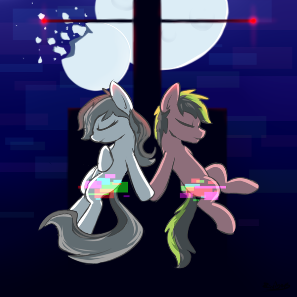 Size: 1000x1000 | Tagged: safe, artist:rivibaes, derpibooru import, oc, oc:ace01, oc:ace02, unofficial characters only, duo, error, glitch, holding hooves, moon