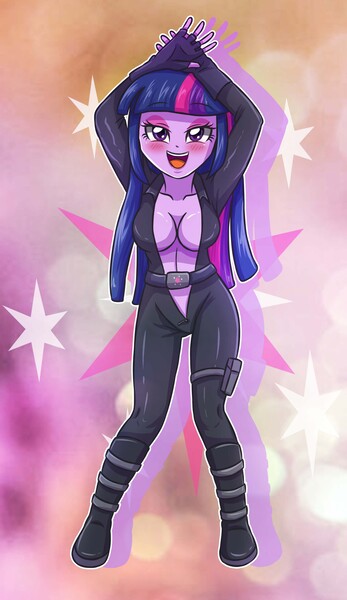 Size: 2007x3472 | Tagged: suggestive, artist:sumin6301, derpibooru import, twilight sparkle, equestria girls, arm behind head, big breasts, blushing, breasts, busty twilight sparkle, catsuit, clothes, eyeshadow, female, fingerless gloves, gloves, latex, latex boots, latex suit, makeup, solo, solo female