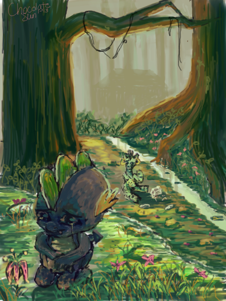Size: 1024x1365 | Tagged: artist:chocolatesun, crying, derpibooru import, everfree forest, female, forest, male, river, safe, scenery, shipping, spicora, spike, straight, stream, zebra, zecora
