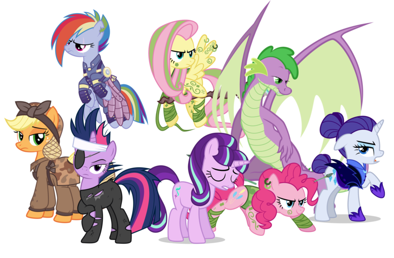Size: 2804x1836 | Tagged: artist needed, safe, artist:cheezedoodle96, artist:luckreza8, artist:qtmarx, artist:xebck, artist:zutheskunk edits, derpibooru import, applejack, fluttershy, pinkie pie, rainbow dash, rarity, spike, starlight glimmer, twilight sparkle, dragon, earth pony, pegasus, pony, unicorn, adult spike, alternate hairstyle, alternate timeline, amputee, apocalypse dash, applecalypsejack, artificial wings, augmented, bad future, chrysalis resistance timeline, clothes, crystal war timeline, ear piercing, earring, eye scar, eyepatch, fanfic in the description, female, future twilight, hair bun, hairnet, jewelry, male, mare, mechanical wing, night maid rarity, nightmare takeover timeline, older, older spike, piercing, prosthetic limb, prosthetic wing, prosthetics, sad, scar, simple background, tail bun, torn ear, transparent background, tribal pie, tribalshy, unicorn twilight, uniform, vector, weapon, wing piercing, winged spike, wings