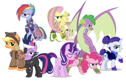 Size: 2804x1836 | Tagged: artist needed, safe, artist:cheezedoodle96, artist:luckreza8, artist:qtmarx, artist:xebck, artist:zutheskunk edits, derpibooru import, applejack, fluttershy, pinkie pie, rainbow dash, rarity, spike, starlight glimmer, twilight sparkle, dragon, earth pony, pegasus, pony, unicorn, adult spike, alternate hairstyle, alternate timeline, amputee, apocalypse dash, applecalypsejack, artificial wings, augmented, bad future, chrysalis resistance timeline, clothes, crystal war timeline, ear piercing, earring, eye scar, eyepatch, fanfic in the description, female, future twilight, hair bun, hairnet, jewelry, male, mare, mechanical wing, night maid rarity, nightmare takeover timeline, older, older spike, piercing, prosthetic limb, prosthetic wing, prosthetics, sad, scar, simple background, tail bun, torn ear, transparent background, tribal pie, tribalshy, unicorn twilight, uniform, vector, weapon, wing piercing, winged spike, wings