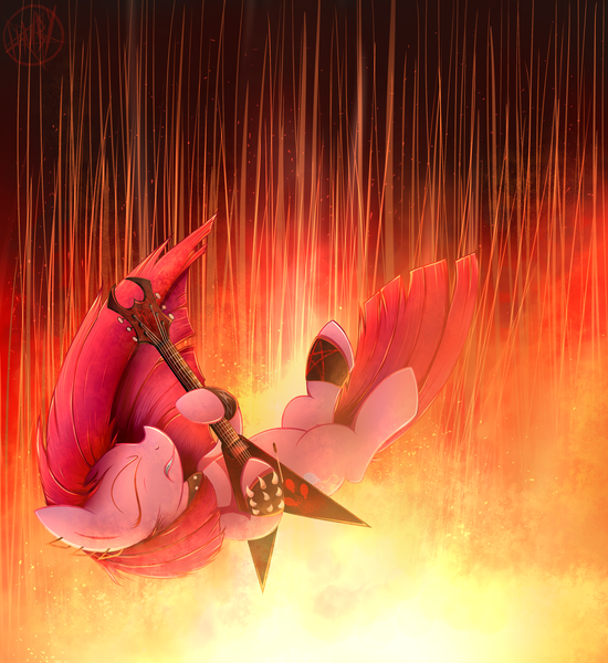 Size: 3300x3600 | Tagged: safe, artist:heavymetalbronyyeah, derpibooru import, pinkie pie, earth pony, pony, electric guitar, eyes closed, falling, female, flying v, guitar, mare, metal, pentagram, pinkamena diane pie, slayer, solo