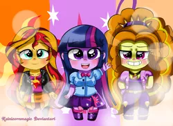 Size: 2338x1700 | Tagged: safe, artist:rainicornmagic, derpibooru import, adagio dazzle, sunset shimmer, twilight sparkle, equestria girls, blushing, chibi, grin, smiling