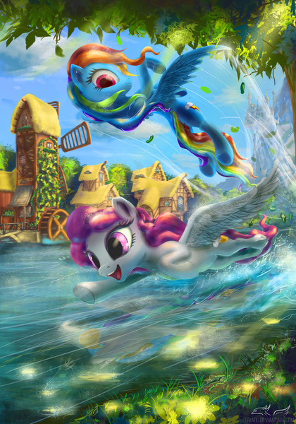 Size: 2067x2953 | Tagged: safe, artist:eriadu, derpibooru import, princess celestia, rainbow dash, oc, oc:sunny skies, pegasus, pony, fanfic:sunny skies all day long, altered reflection, canterlot castle, colored, digital painting, disguise, duo, fanfic art, flying, foreshortening, image, jpeg, pegasus celestia, pink-mane celestia, ponyville, race swap, reflection, river, scenery, smiling, splashing, spread wings, upside down, village, water, watermill, windmill