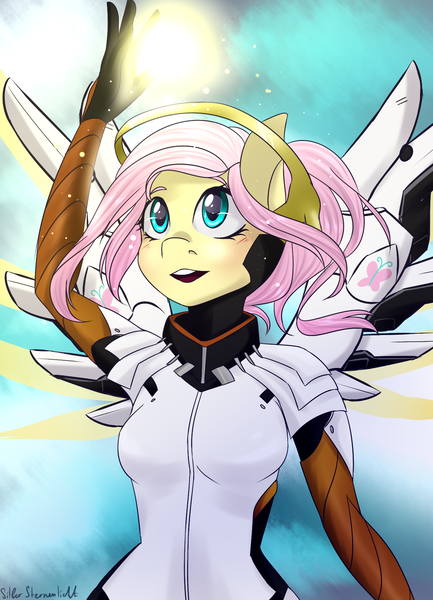 Size: 1300x1800 | Tagged: anthro, artist:silbersternenlicht, clothes, cosplay, crossover, derpibooru import, fluttershy, mercy, mercyshy, open mouth, orb, overwatch, safe, signature, solo