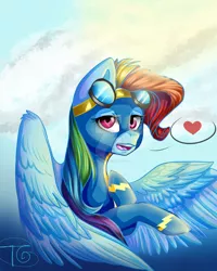 Size: 1280x1600 | Tagged: artist:tendergamer, clothes, derpibooru import, flying, goggles, heart, rainbow dash, rainbow fash, safe, solo, watermark, wonderbolts uniform