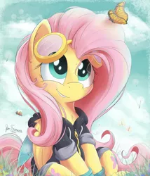 Size: 2400x2800 | Tagged: safe, artist:bugplayer, derpibooru import, fluttershy, bee, butterfly, pegasus, pony, bugplayer is trying to murder us, chest fluff, clothes, cute, dangerous mission outfit, female, fluffy, folded wings, goggles, hoodie, hug life, looking at something, looking up, mare, shyabetes, signature, sitting, smiling, solo, sweet dreams fuel