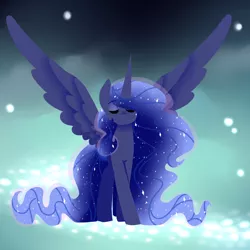 Size: 800x800 | Tagged: safe, artist:idoartz, derpibooru import, princess luna, alicorn, pony, dream realm, dream walker luna, dreamscape, ethereal mane, eyes closed, female, lineless, mare, solo, spread wings, starry mane