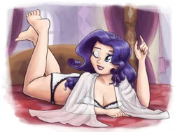 Size: 1280x964 | Tagged: artist:king-kakapo, barefoot, bed, bra, breasts, busty rarity, cleavage, clothes, derpibooru import, feet, female, human, humanized, lingerarity, lingerie, multiple variants, nail polish, one eye closed, panties, rarity, rarity's bedroom, sexy, shawl, solo, solo female, stupid sexy rarity, suggestive, underwear, white underwear, wink