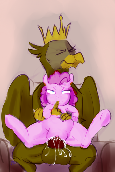 Size: 2629x3922 | Tagged: explicit, artist:helloiamyourfriend, derpibooru import, king grover, pinkie pie, gryphon, 30 minute art challenge, ahegao, creampie, cum, cum inflation, female, groverpie, high res, image, inflation, male, open mouth, penetration, png, sex, shipping, straight, vaginal