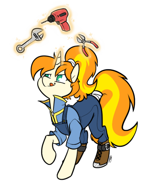 Size: 652x812 | Tagged: safe, artist:egophiliac, derpibooru import, oc, oc:greaser, unofficial characters only, pony, unicorn, fallout equestria, fallout equestria: outlaw, boots, clothes, commission, drill, levitation, magic, overalls, pliers, ponytail, solo, tail wrap, telekinesis, tongue out, tools, wrench