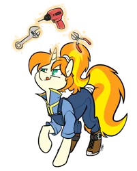 Size: 652x812 | Tagged: safe, artist:egophiliac, derpibooru import, oc, oc:greaser, unofficial characters only, pony, unicorn, fallout equestria, fallout equestria: outlaw, boots, clothes, commission, drill, levitation, magic, overalls, pliers, ponytail, solo, tail wrap, telekinesis, tongue out, tools, wrench