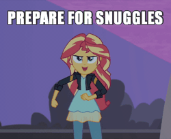 Size: 480x392 | Tagged: safe, derpibooru import, edit, edited screencap, screencap, sunset shimmer, equestria girls, my past is not today, animated, bronybait, coming at you, image macro, imma snuggle you, looking at you, meme, open mouth, running, smirk, solo, text edit