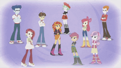 Size: 960x540 | Tagged: safe, derpibooru import, screencap, apple bloom, curly winds, drama letter, heath burns, rose heart, scootaloo, some blue guy, sunset shimmer, sweetie belle, watermelody, wiz kid, equestria girls, my past is not today, animated, background human, boots, care root, clothes, female, jacket, jeans, male, pants, shirt, shoes, shorts