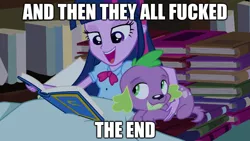 Size: 1365x768 | Tagged: suggestive, derpibooru import, edit, edited screencap, screencap, spike, twilight sparkle, dog, equestria girls, and then they all fucked, book, caption, duo, image macro, implied sex, meme, spike the dog, vulgar