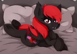 Size: 1652x1155 | Tagged: suggestive, artist:pearlyiridescence, derpibooru import, oc, oc:red moon hawk, unofficial characters only, bat pony, pony, bed, bedroom eyes, fangs, lounging, lying down, pinup, underhoof