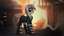 Size: 960x540 | Tagged: safe, artist:drawponies, derpibooru import, oc, oc:order compulsive, unofficial characters only, boots, clothes, dark, explosion, fire, shirt, smiling, smug, solo, sunglasses, trenchcoat