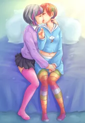 Size: 1180x1700 | Tagged: suggestive, artist:ninjaham, derpibooru import, rainbow dash, twilight sparkle, human, alternate hairstyle, bed, belly button, clothes, cuddling, drool, female, females only, humanized, kissing, lesbian, midriff, missing shoes, pantyhose, rainbow socks, shipping, shirt, short hair, short shirt, skirt, snuggling, socks, striped socks, thigh highs, twidash